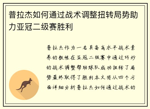 普拉杰如何通过战术调整扭转局势助力亚冠二级赛胜利